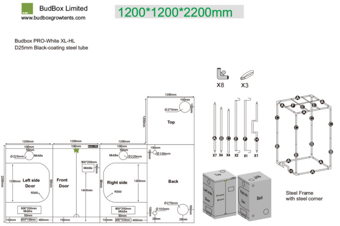 BudBox PRO Tent (XL-HL) White 120 x 120 x 220mm diagram