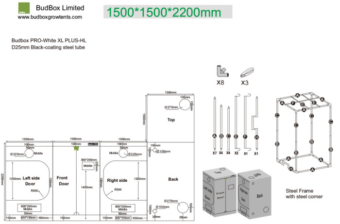 BudBox PRO XL plus-HL White 150 x 150 x 220mm diagram