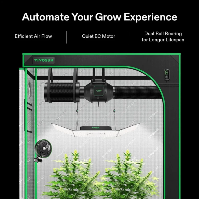 Vivosun AeroZesh EC Inline Fan in situ in grow tent